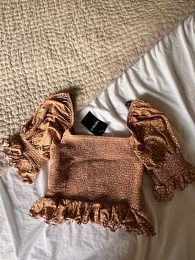 Forever 21 Golden Brown Polka Dot Smocked Puff Sleeve Crop Top